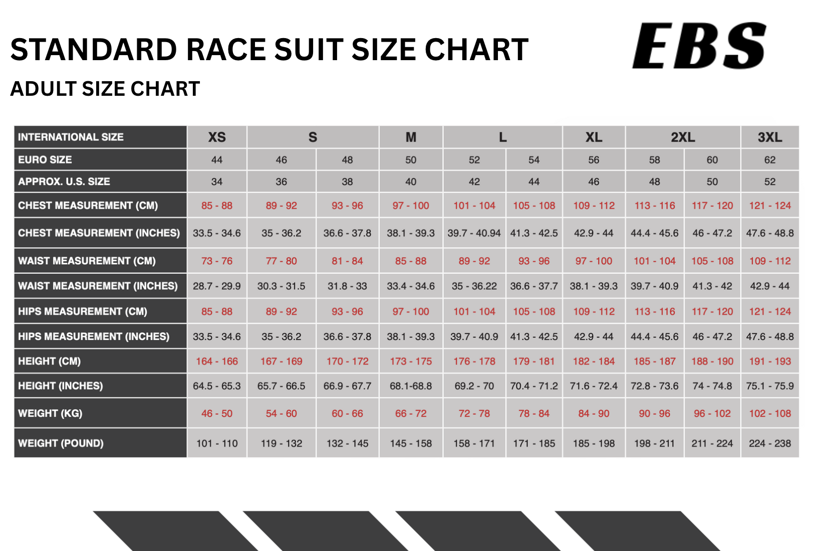 RACE SUIT SIZE CHART