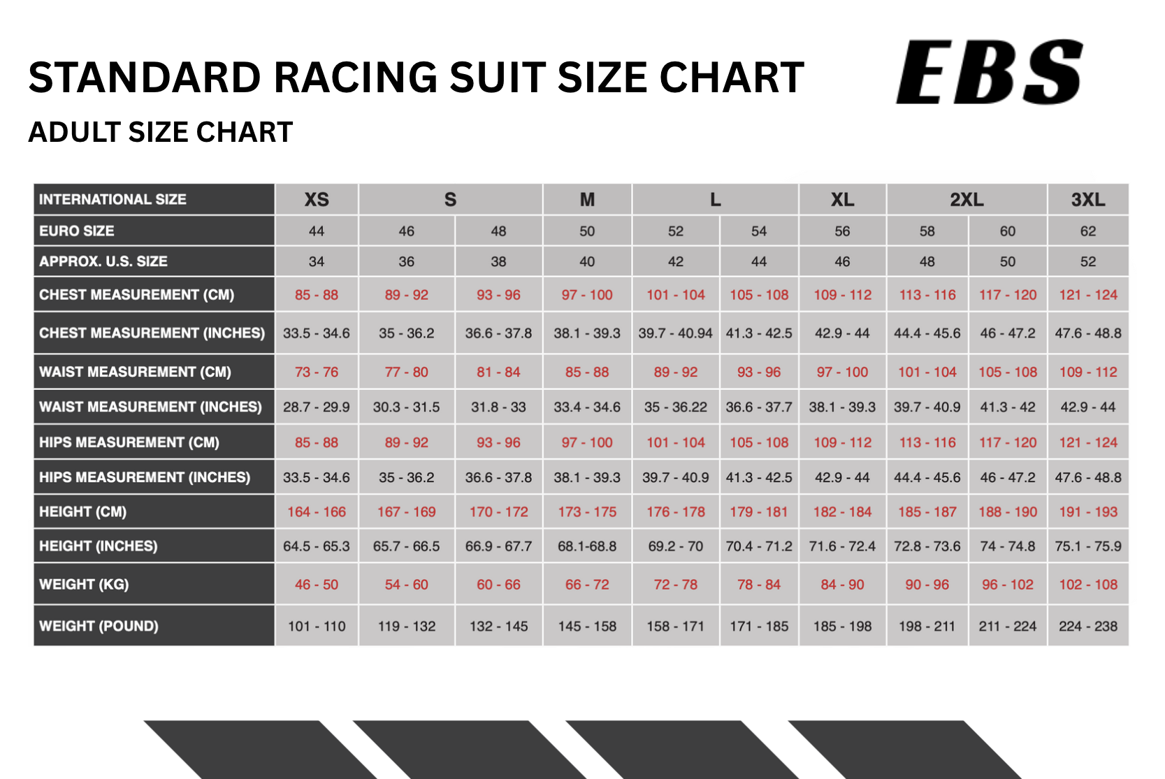 RACING SUIT SIZE CHART