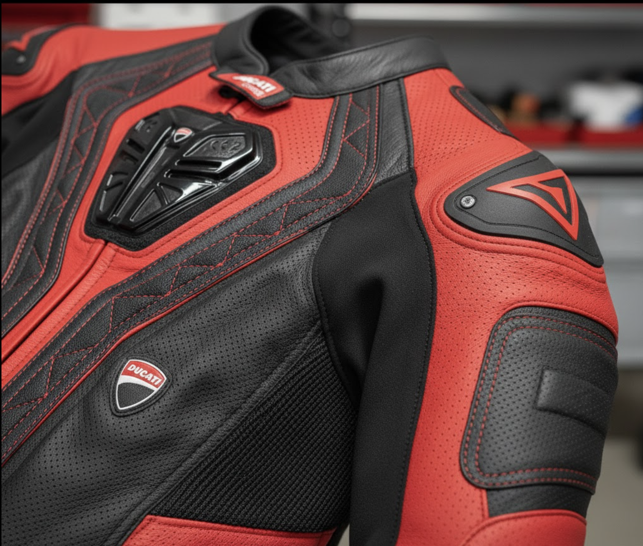 custom Ducati motorcycle suit leather and ventilation